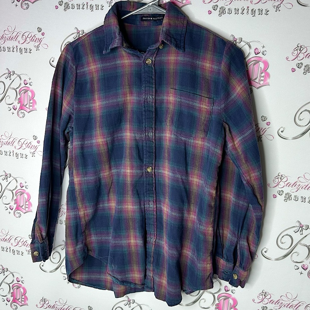 Brandy Melville button up plaid shirt purple blue pink buttons cute western